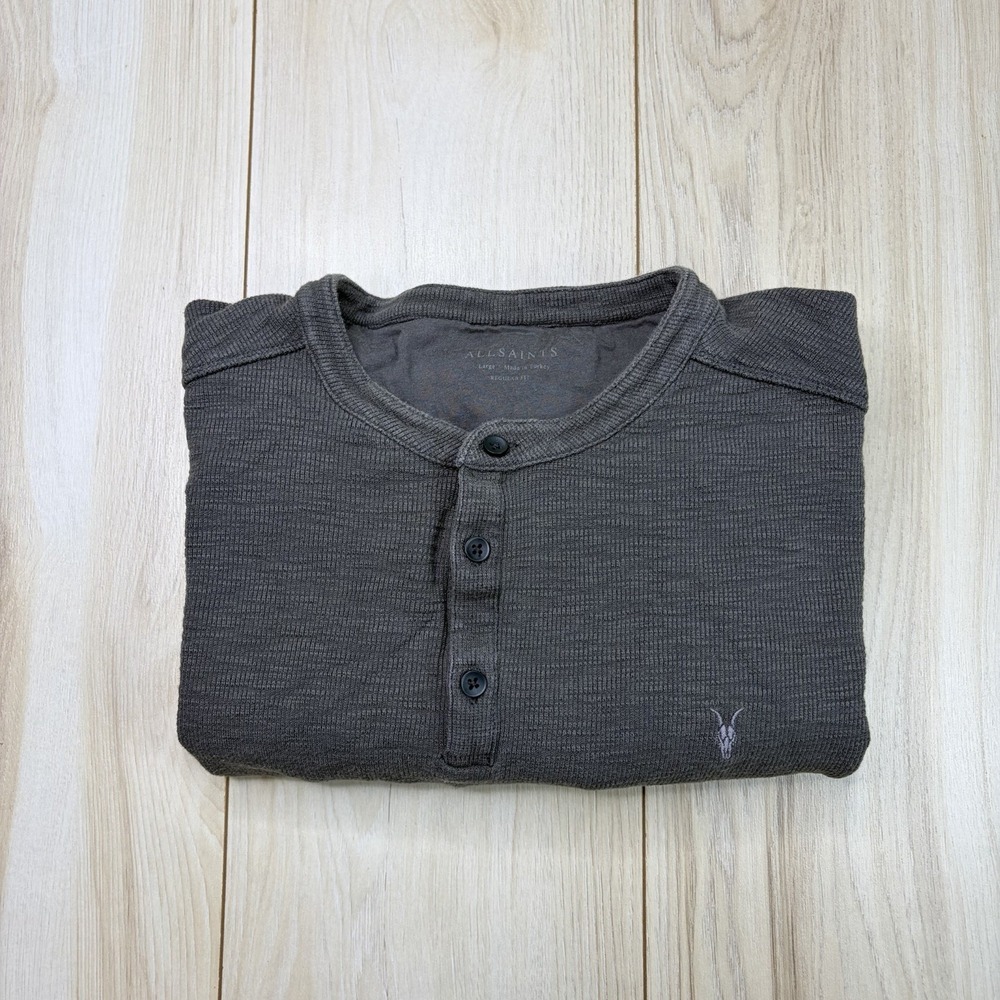 AllSaints Mens Muse Long Sleeve Cotton Thermal Henley Shirt Gray Size Large